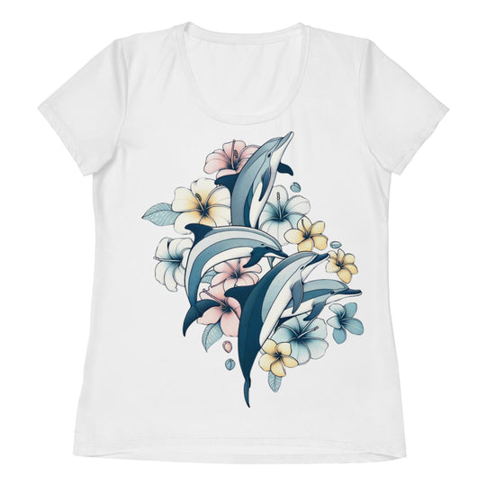 Make a Splash with Style: Dolphin Flower Print T-Shirt by Lucas Islander- Women's Athletic T-shirt