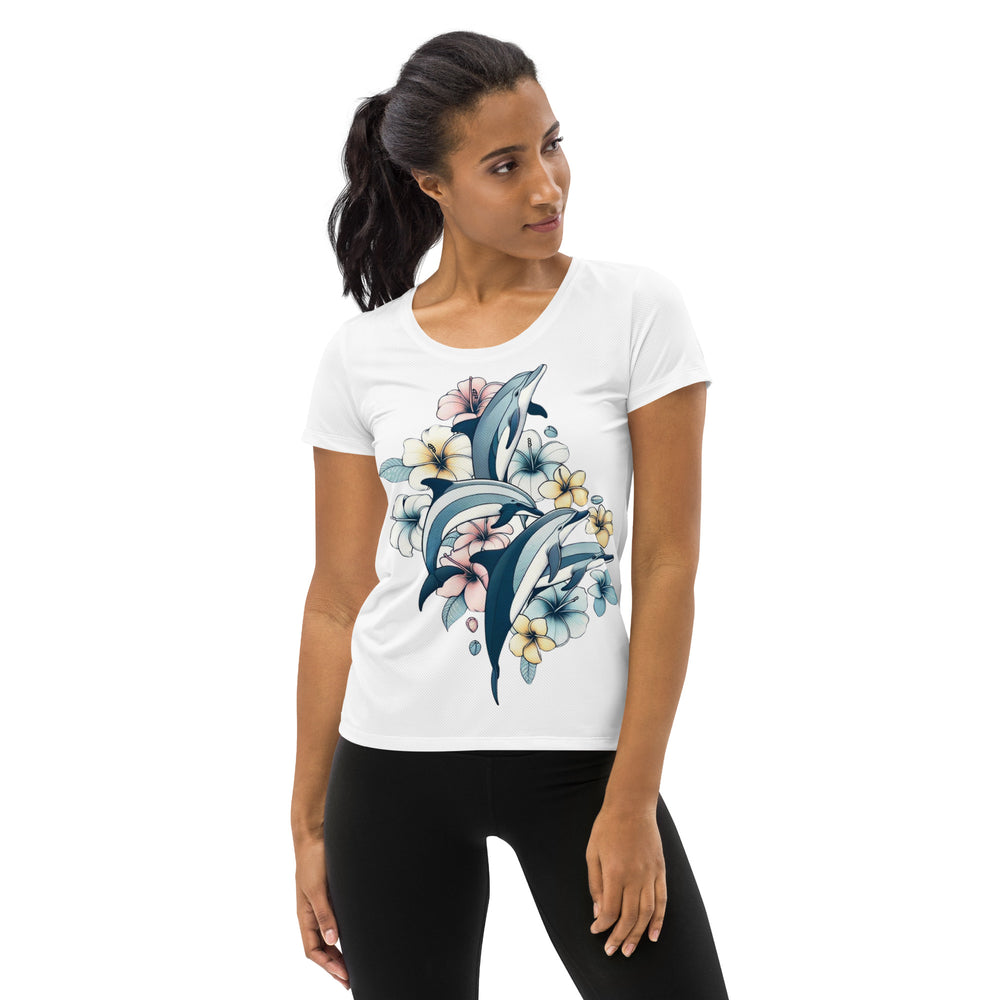 Make a Splash with Style: Dolphin Flower Print T-Shirt by Lucas Islander- Women's Athletic T-shirt