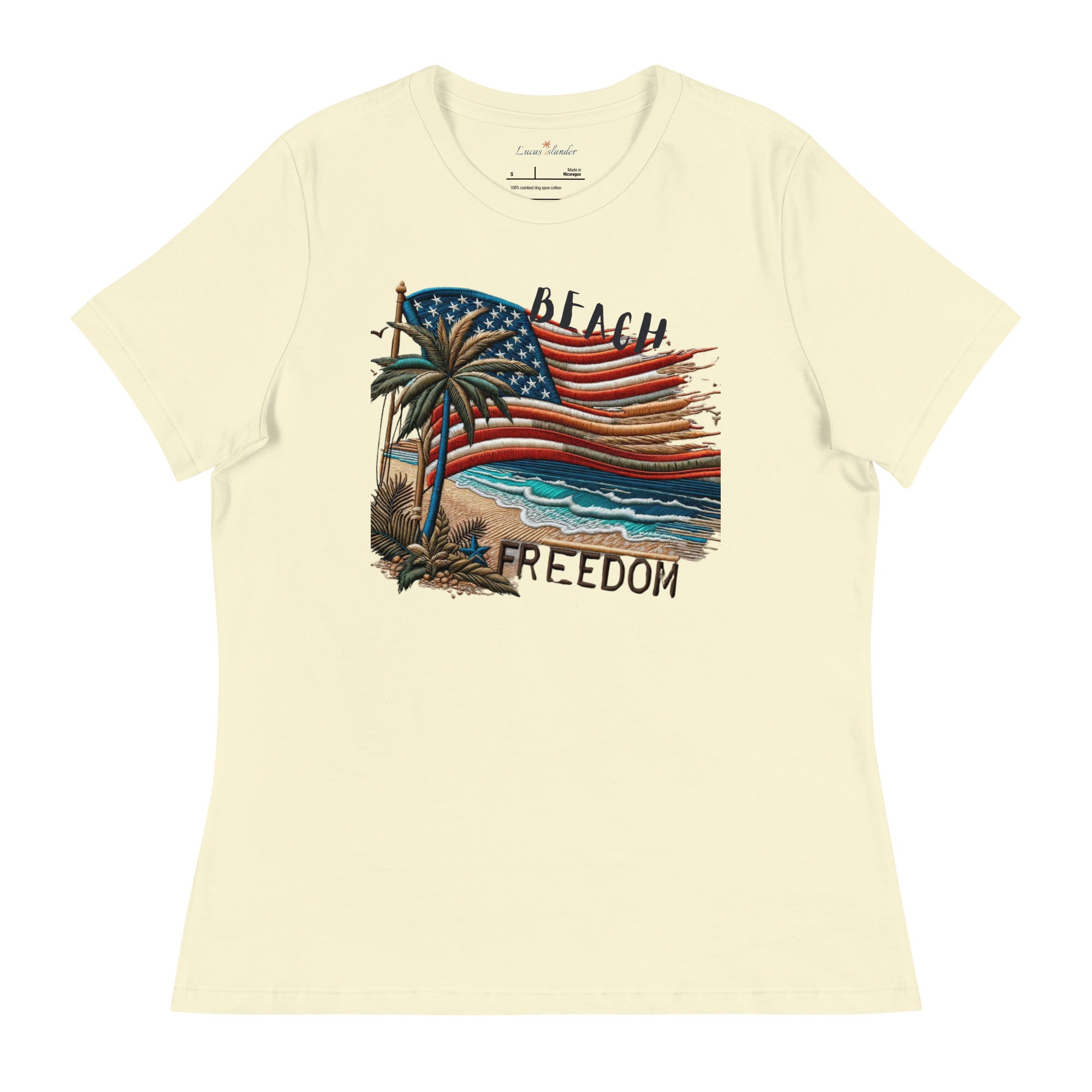 Experience Freedom and Style: American Flag Beach Freedom T-shirt by Lucas Islander Relaxed Fit
