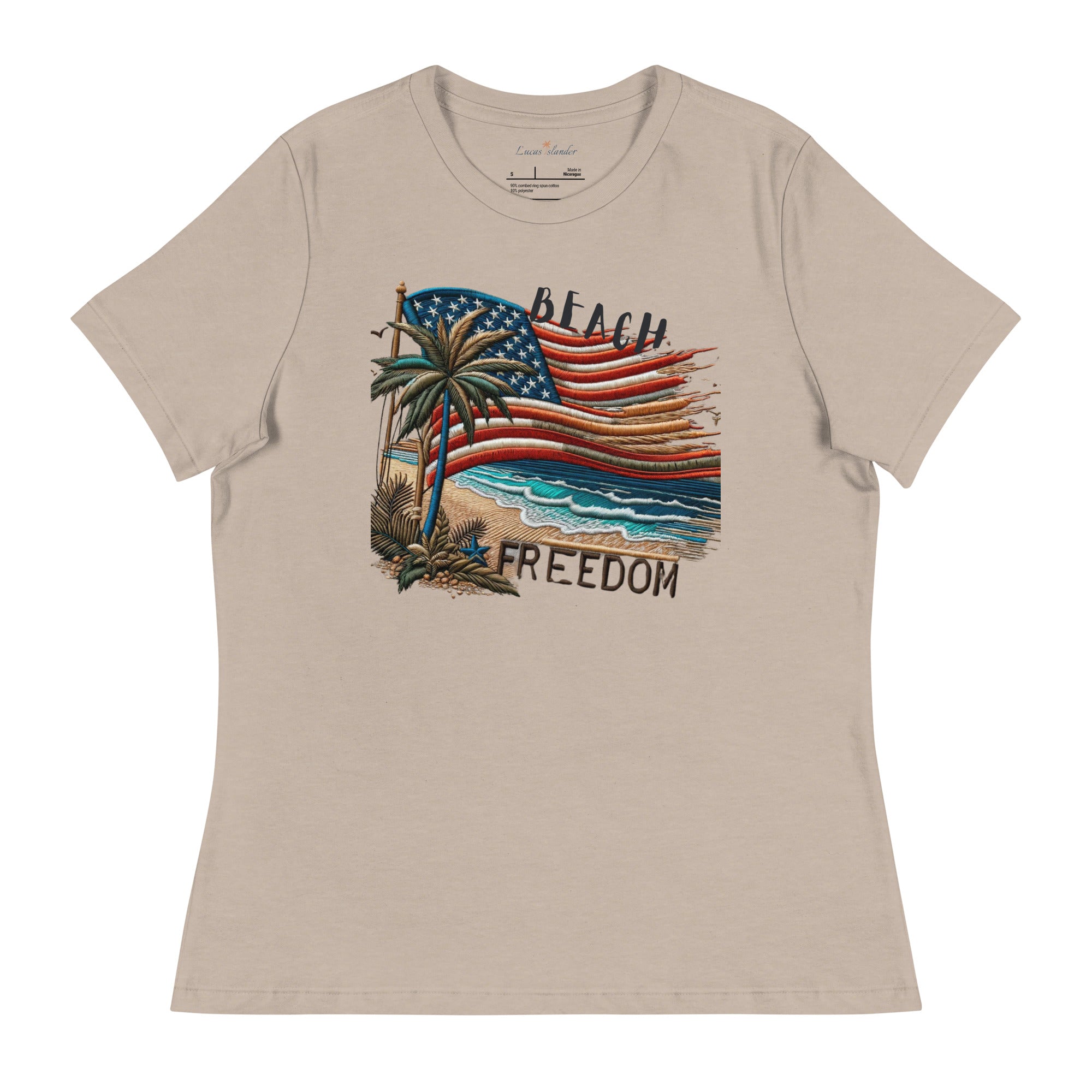 Experience Freedom and Style: American Flag Beach Freedom T-shirt by Lucas Islander Relaxed Fit