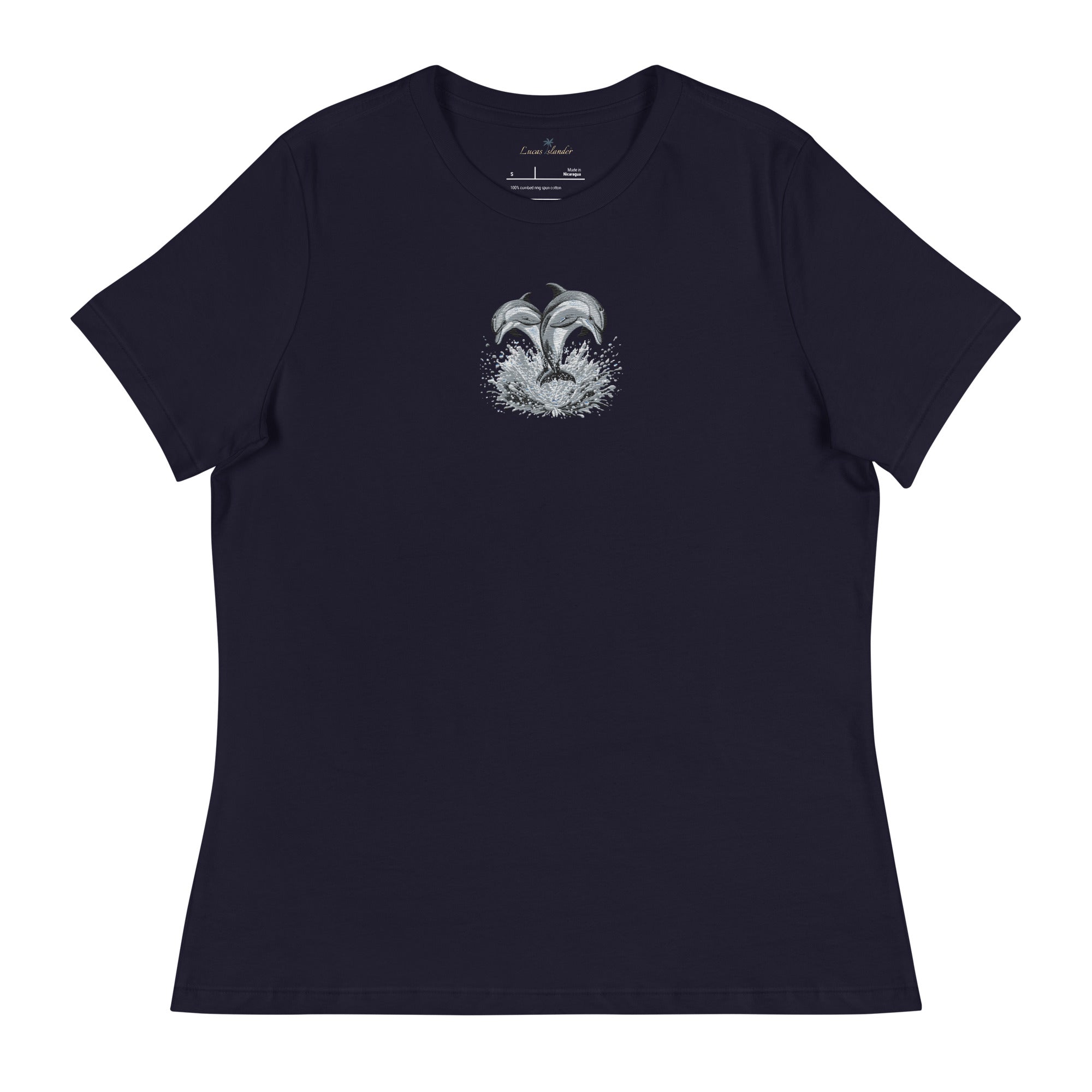 Discover Comfort and Style with Our Islander Embroidered Dolphin Pair Women's T-Shirt | Lucas Islander