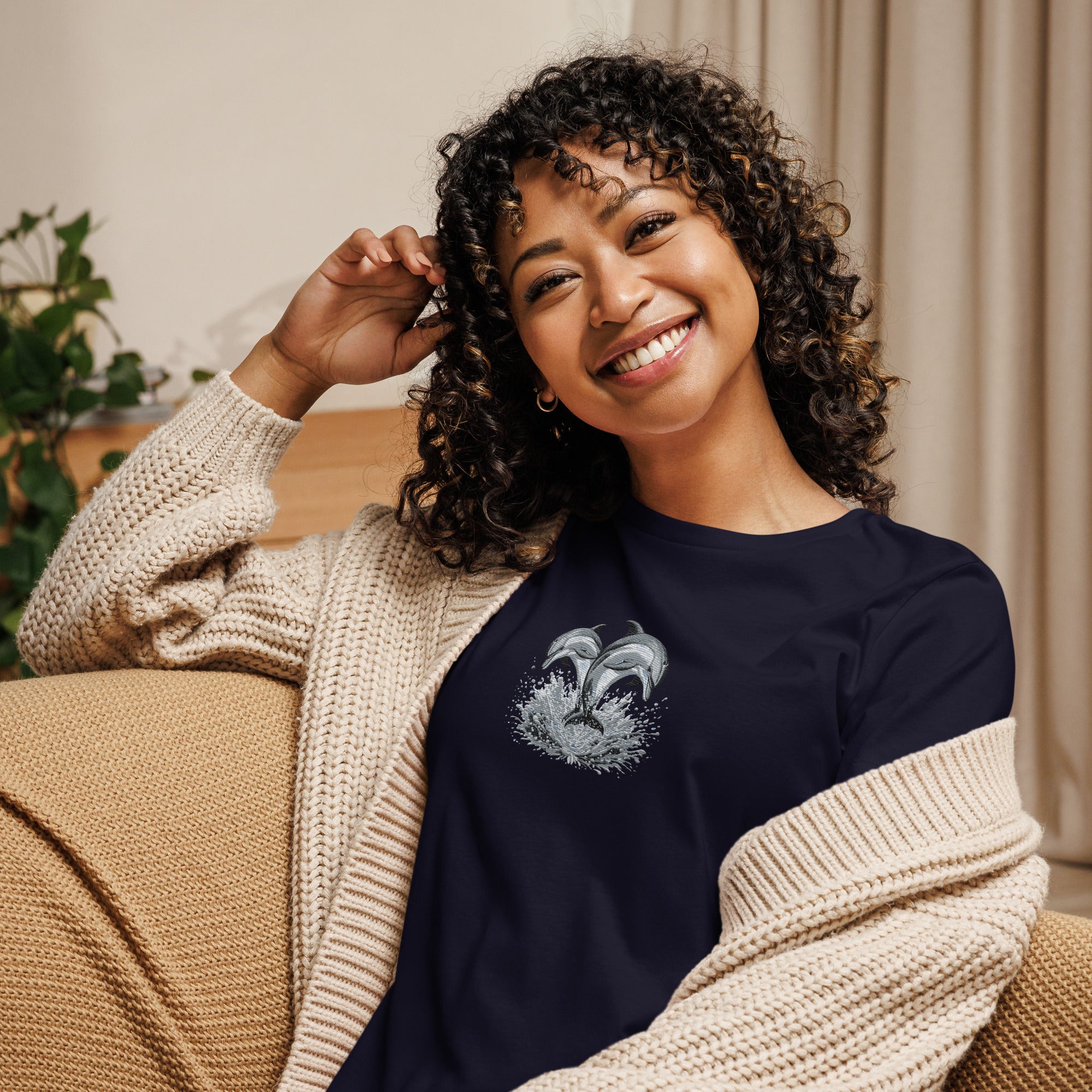 Discover Comfort and Style with Our Islander Embroidered Dolphin Pair Women's T-Shirt | Lucas Islander